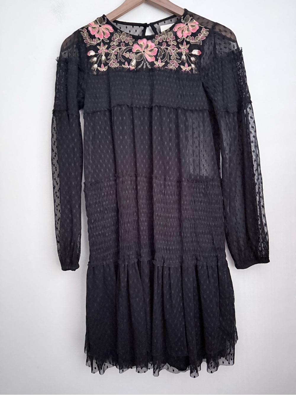 Anthropologie Maeve Samara Black Dress mesh floral embroidered tiered relaxed - Picture 1 of 6
